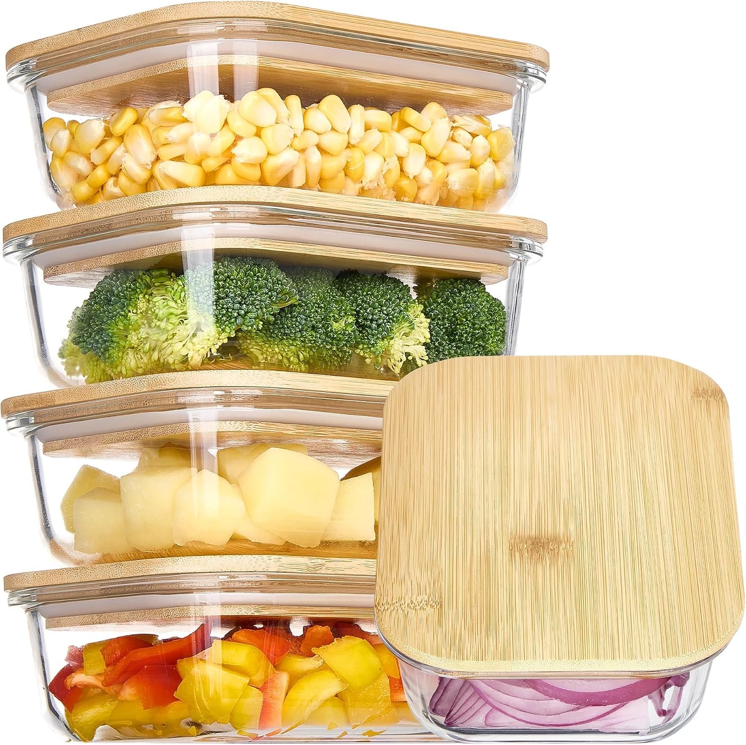 Vtopmart 5 Pack Glass Food Storage Containers with Bamboo Lids, 22oz