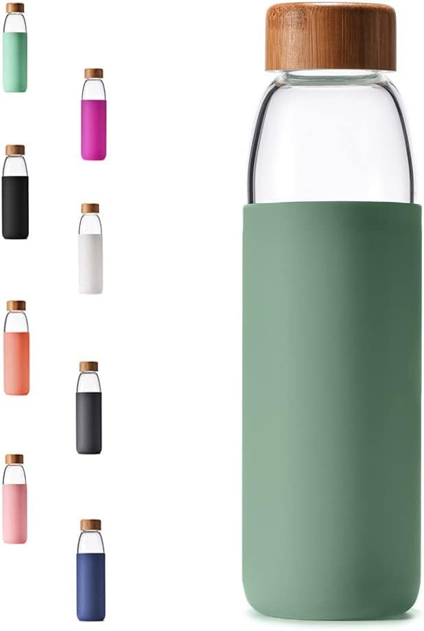 18 Oz Borosilicate Glass Water Bottles with Bamboo Lid, BPA-FREE, Non-Slip Silicone Sleeve, and Stainless Steel Leak Proof Lid – Reusable Glass Bottle for Men and Women
