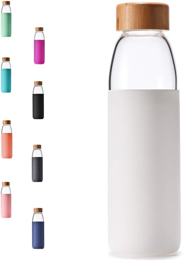 18 Oz Borosilicate Glass Water Bottles with Bamboo Lid, BPA-FREE, Non-Slip Silicone Sleeve, and Stainless Steel Leak Proof Lid – Reusable Glass Bottle for Men and Women