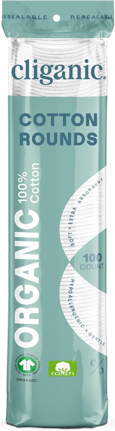 Cliganic Organic Cotton Rounds for Face (100 Count) | Makeup Remover Pads, Hypoallergenic, Lint-Free | 100% Pure Cotton