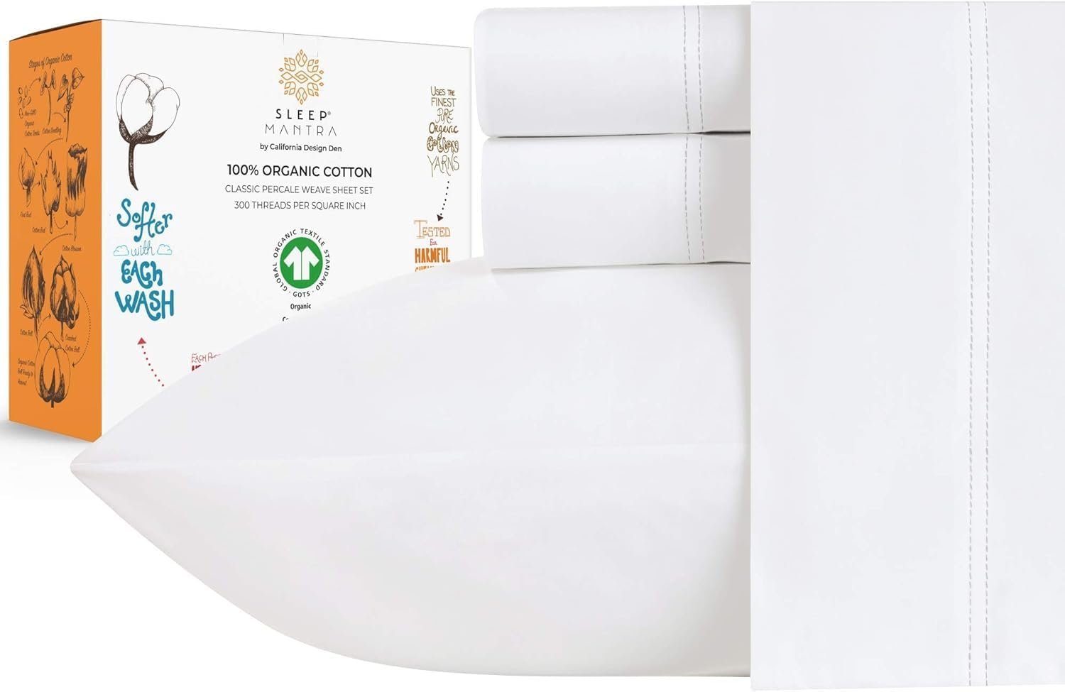 Sleep Mantra Premium 100% Organic Cotton Twin XL Bed Sheet Set – Soft & Cooling Percale Weave – 4 Piece Bedding Set with Deep Pocket – GOTS Certified – Breathable & Eco-Friendly (Twin XL, White)