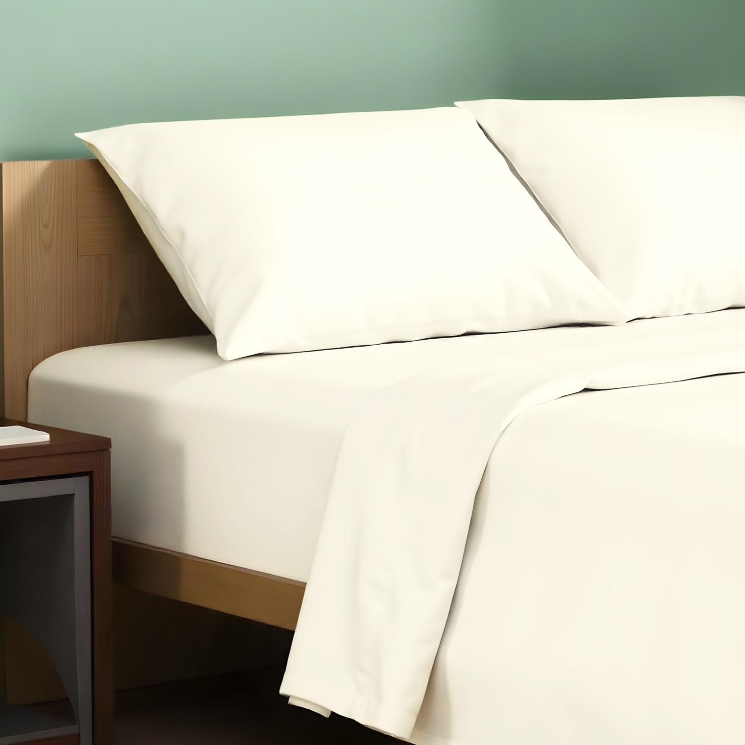 TEXAS LINEN CO. 100% Organic Cotton Percale Sheets Queen Size – 4 PC Ivory Organic Sheets Queen Set, Soft, Crisp & Cooling, Fully Elasticized 16″ Deep Pocket Hotel Bedsheet Set – GOTS Certified