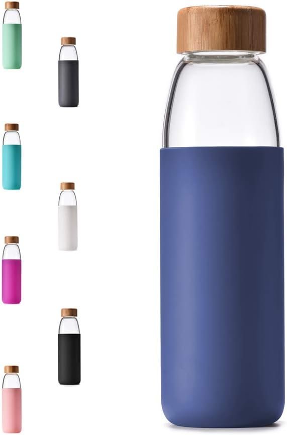25 Oz Borosilicate Glass Water Bottles with Bamboo Lid, BPA-FREE, Non-Slip Silicone Sleeve, and Stainless Steel Leak Proof Lid – Reusable Glass Bottle for Men and Women