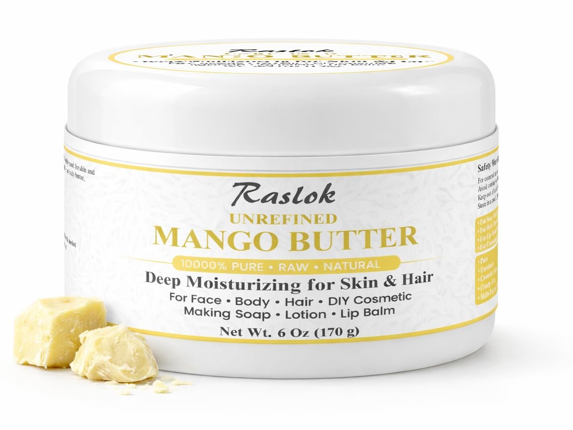 Raslok Unrefined Mango Butter 6 oz (170 g) – 100% Pure Natural Mango Butter for Skin, Hair, DIY Soap, Lotion, Lip Balm & Body Butter – Cosmetic Grade, Raw, Multi-Purpose Moisturizing Butter