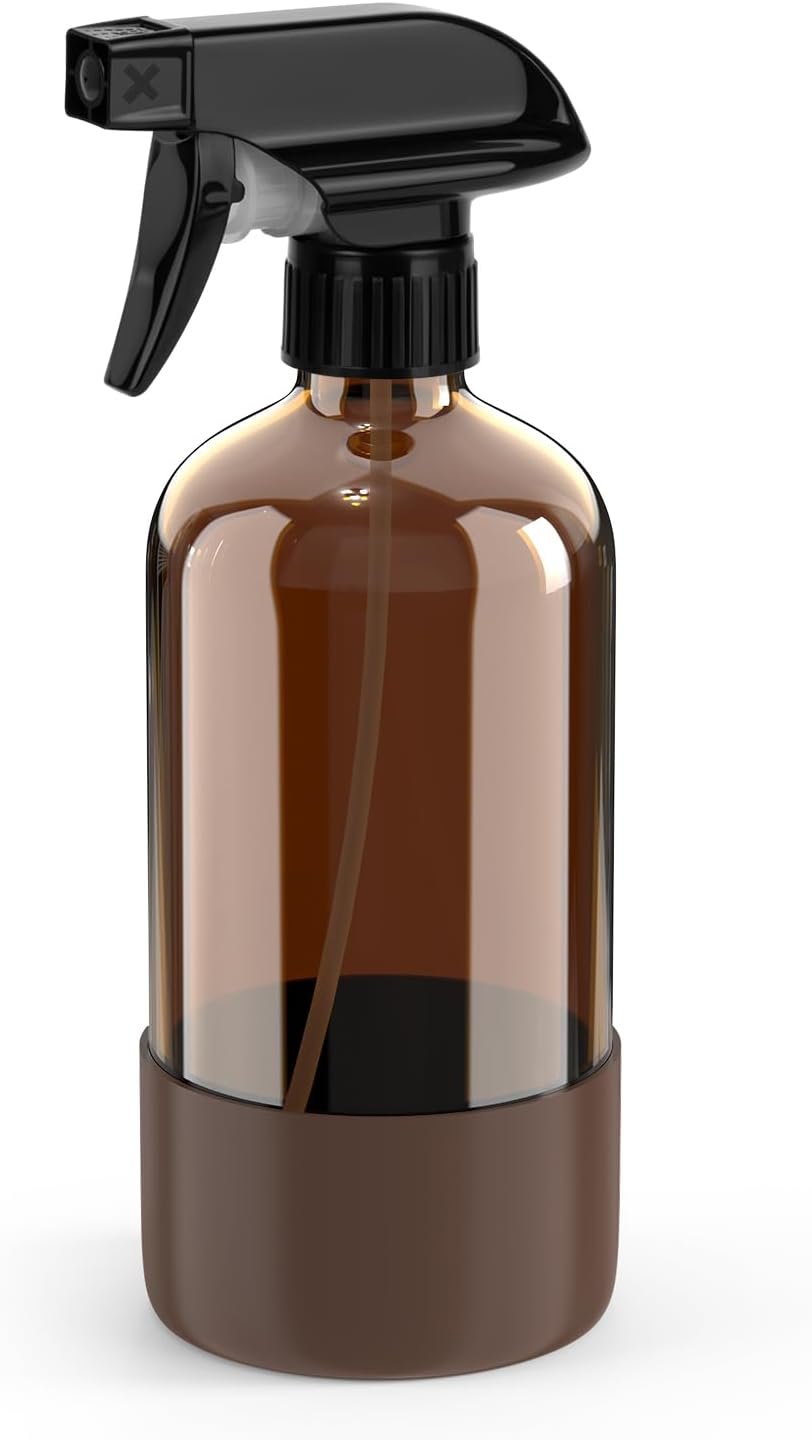 Bontip Amber Glass Spray Bottle, 16 oz with Brown Silicone Sleeve, 1 Pack