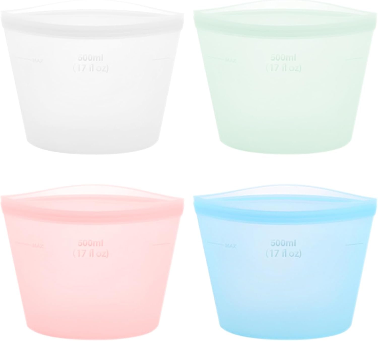 4-Pack Reusable Silicone Food Storage Bags, Stand-Up Pinch-Seal Design, BPA-Free, Microwave & Dishwasher Safe, Mixed Colors (17 oz)
