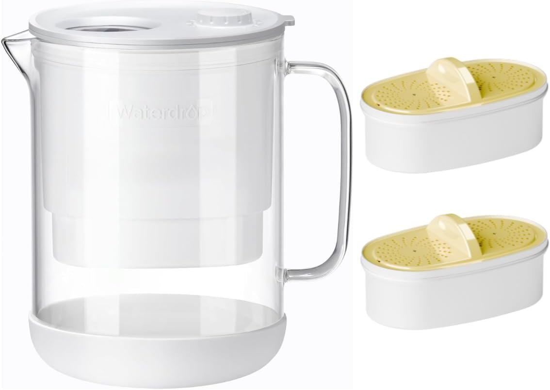 Waterdrop PT-72W Glass Water Filter Pitcher, 7-Cup, Eco-Friendly, NSF/ANSI 53, 42 & 372 Certified Filter, Reduces PFOA/PFOS, Chlorine, Cadmium, Copper & Mercury, BPA-Free, Easy to Clean, White