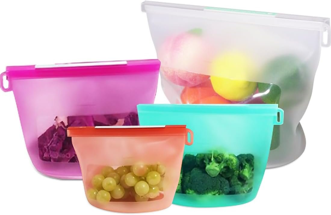 Reusable Silicone Food Storage Bags (Set of 4), Dishwasher Oven Microwave Freezer Safe, Eco-Friendly 100% Platinum, Leakproof Sous Vide Bags, Mixed, X-Large