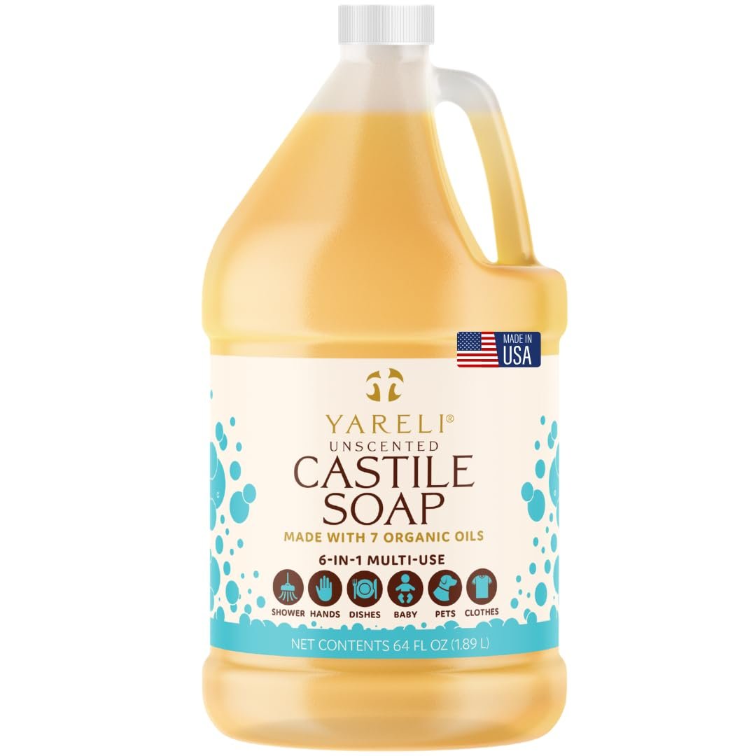 YARELI Pure Castile Soap Liquid Unscented 64oz – Organic Oils, Fragrance-Free Body Wash, Castile Soap for Bath Body Home Laundry – Made in USA, Vegan