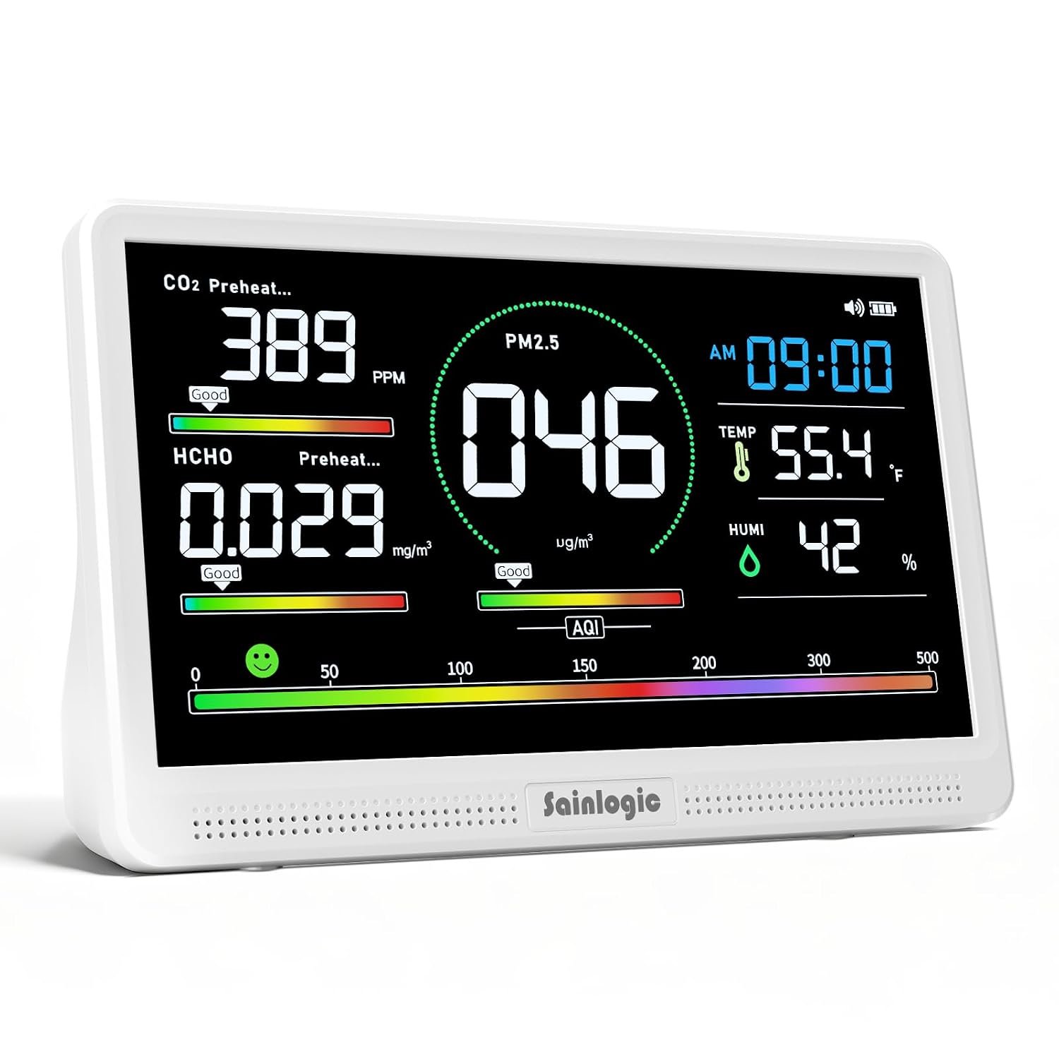 Sainlogic Air Quality Monitor Indoor, 16 in 1 VOC Meter, CO2, HCHO, TVOC, PM2.5, PM1.0, PM10, Humidity, Temperature, 7.2″ Large Display 3-Color AQI Alerts Air Quality Tester for Home Air Monitor