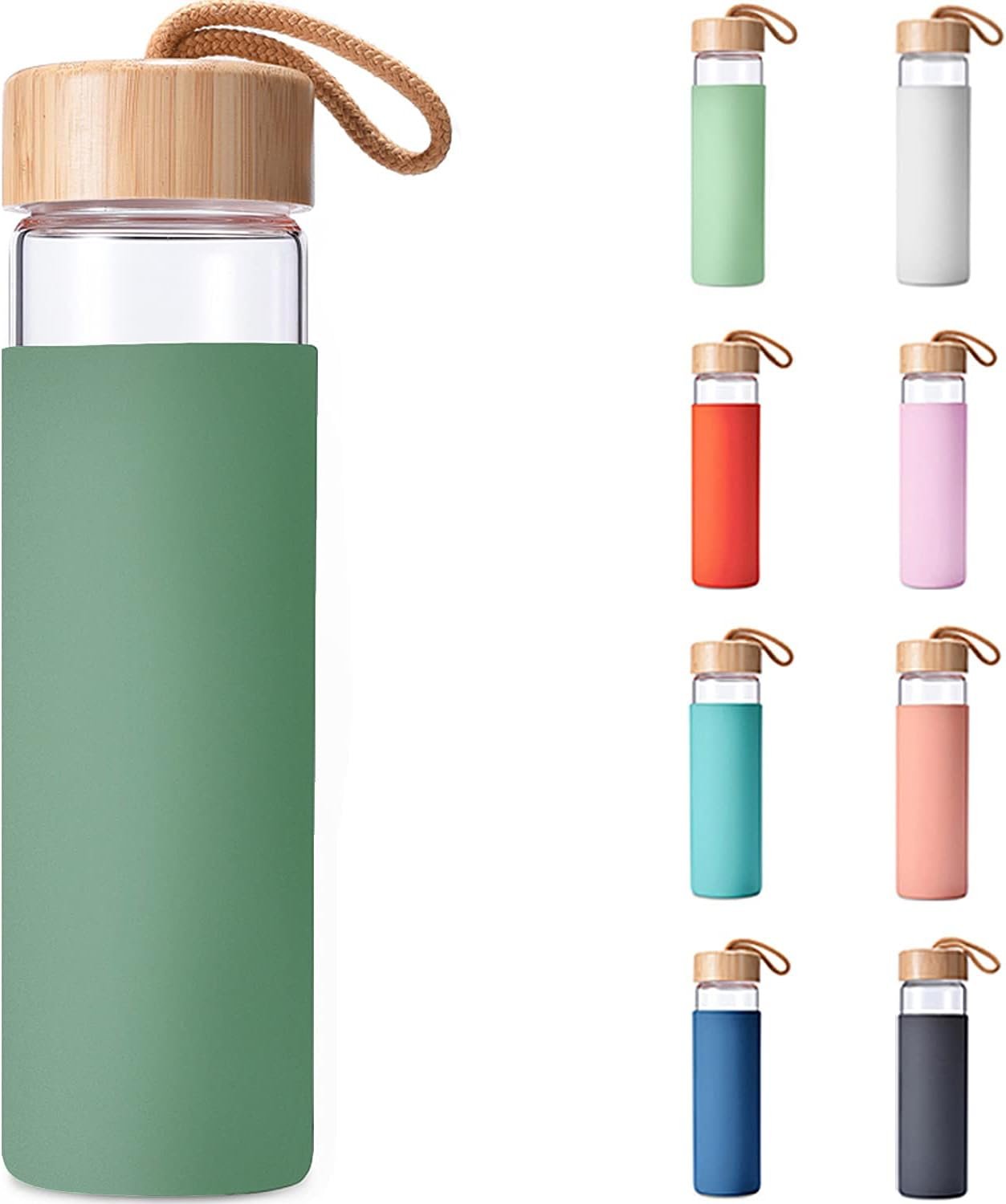20 Oz Borosilicate Glass Water Bottles with Silicone Sleeve BPA Free, Dishwasher Safe – Reusable Clear Glass Drinking with Leak Proof Bamboo Lid | Perfect Gym Water Bottles for Men & Women