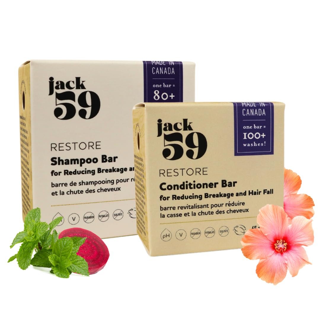 Jack59 All Natural Shampoo and Conditioner Bar Set for Hair Growth and Promotes Strength, Reduce Breakage, Hair Fall, and Scalp Issues, 3 oz & 2 oz, Pack of 2, Restore