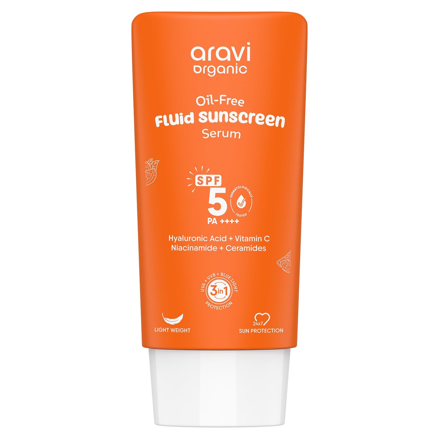 Aravi Organic Oil-Free Fluid Sunscreen SPF 50 PA++++, Face Sunscreen, Ultra-Light No White Cast, Mineral Sunblock, Reef Safe & Oxybenzone Free, Hyaluronic Acid & Vitamin C | 1.6 FL Oz