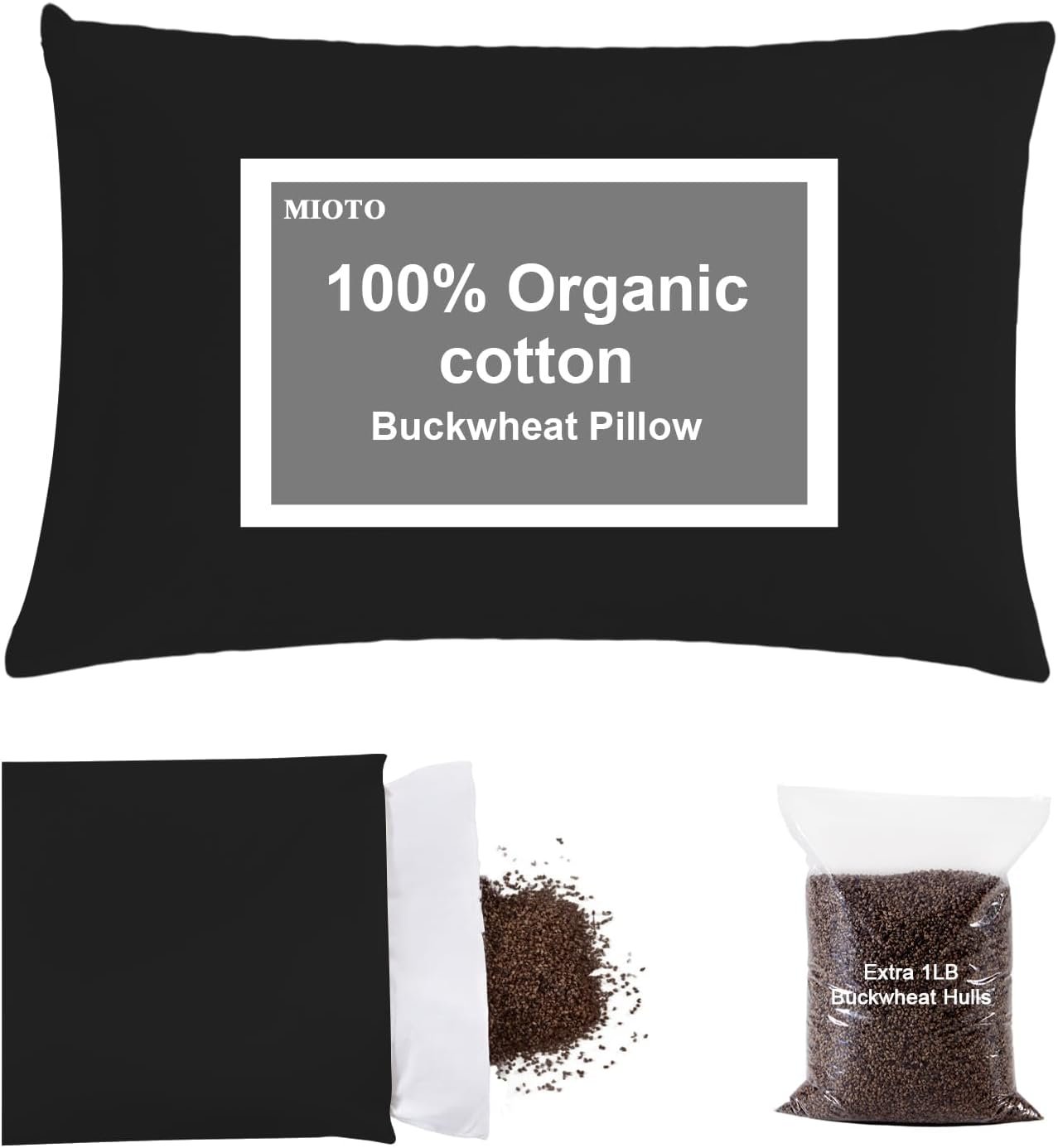 MIOTO Organic Buckwheat Pillow for Sleeping with Dual-Layer Pillowcase and Extra Tartary Buckwheat Hulls, Adjust Height and Firmness, Neck Support Pillow for Back and Side Sleepers 20″x26″, Black