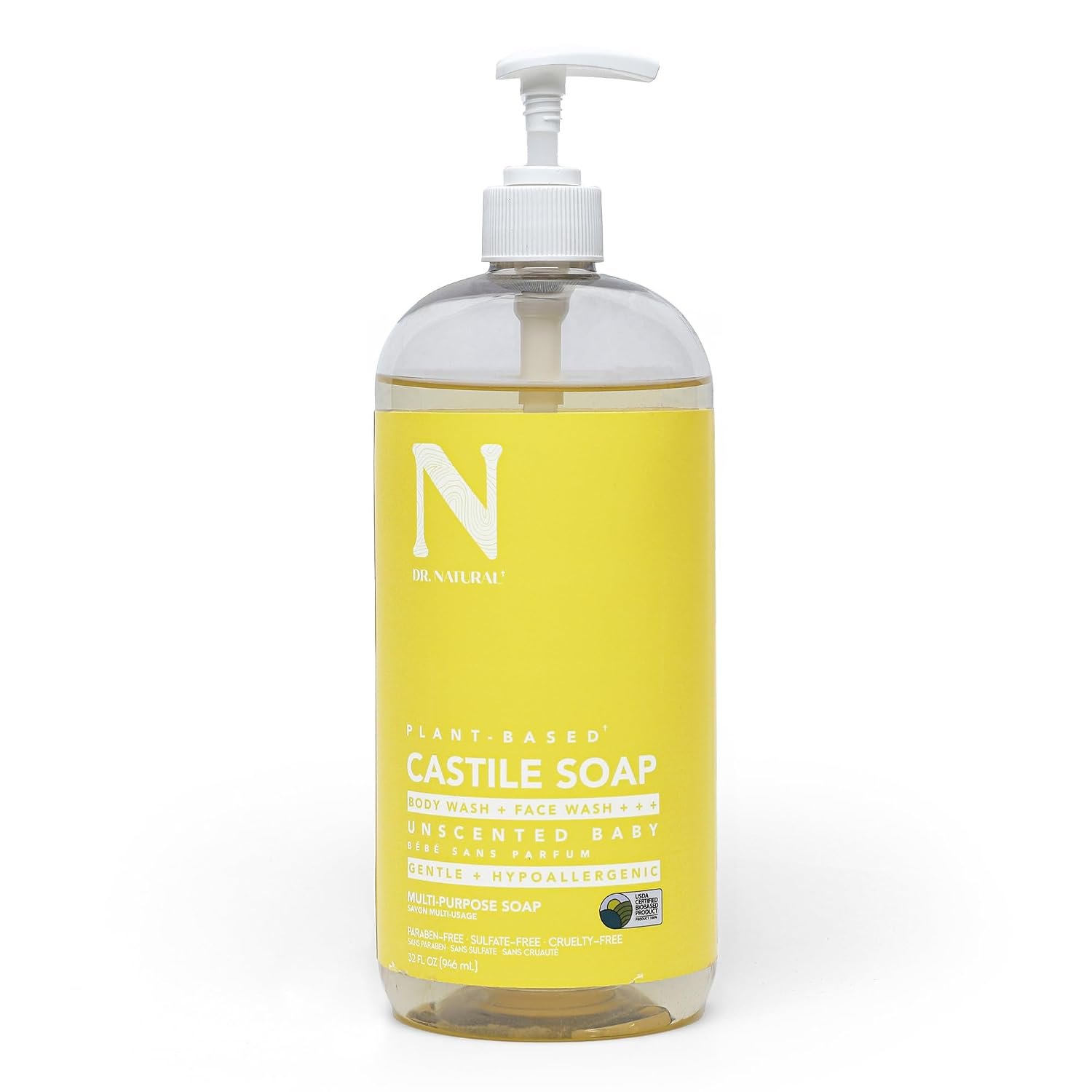 Dr. Natural Castile Liquid Soap – Multi-Use Body Wash, Shampoo and Face Wash – Body Soap for Skin, Hair, Pets and Home – Unscented Baby – 32 oz