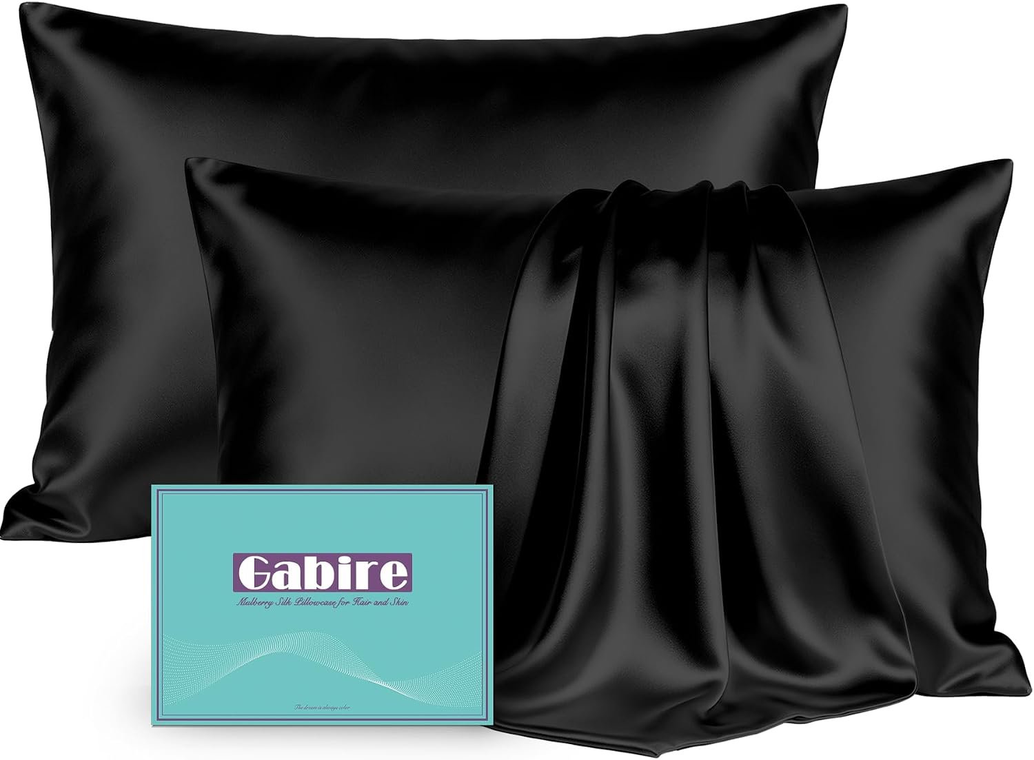 Gabire Mulberry Silk Pillow Cases Set of 2, Both Sides Real Silk Pillowcase for Hair and Skin Prevent Acne Pillowcase Organic Silk Pillowcase 2 Pack with Hidden Zipper, Black, Standard (20″×26″)