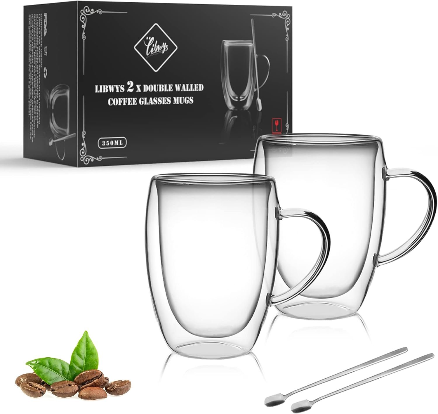 LIBWYS 12oz Double Walled Coffee Cups Glasses Mugs, Borosilicate Glass 2Pcs