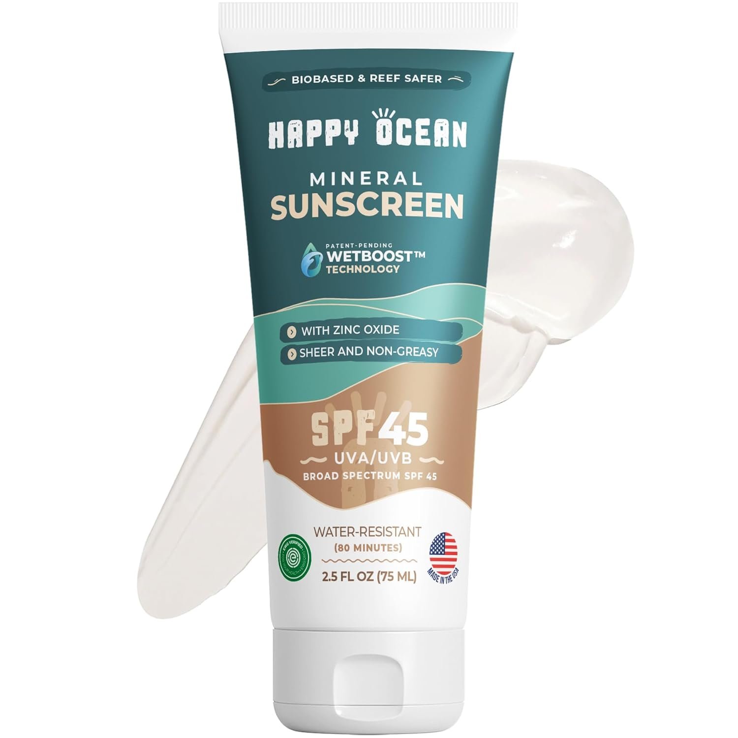 Happy Ocean Reef Safe Mineral Sunscreen SPF 45, Non-Nano Zinc Oxide, 2.5 oz