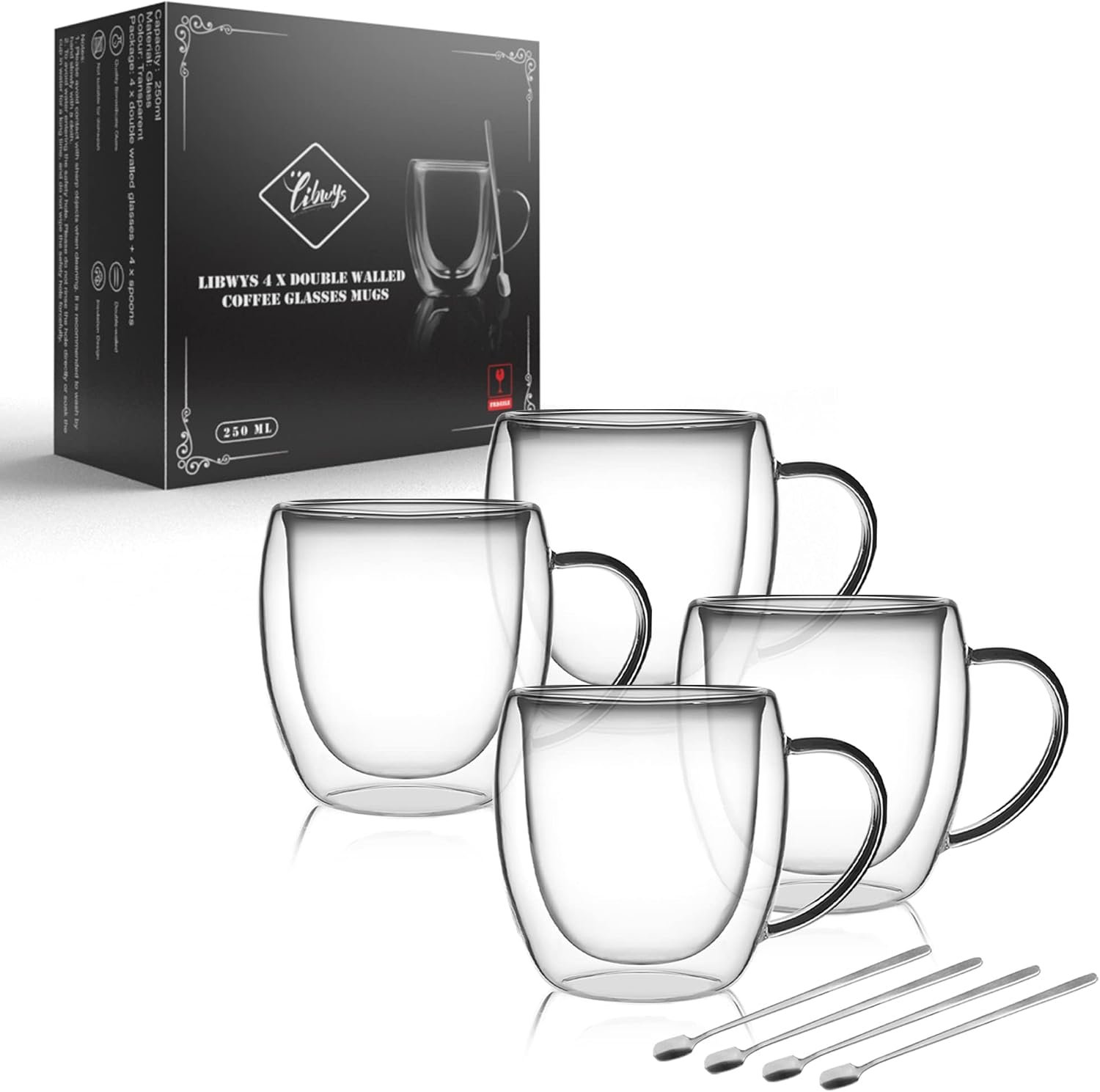 LIBWYS 4 Pack Double Walled Coffee Cups Glasses Mug, 8.5oz Borosilicate