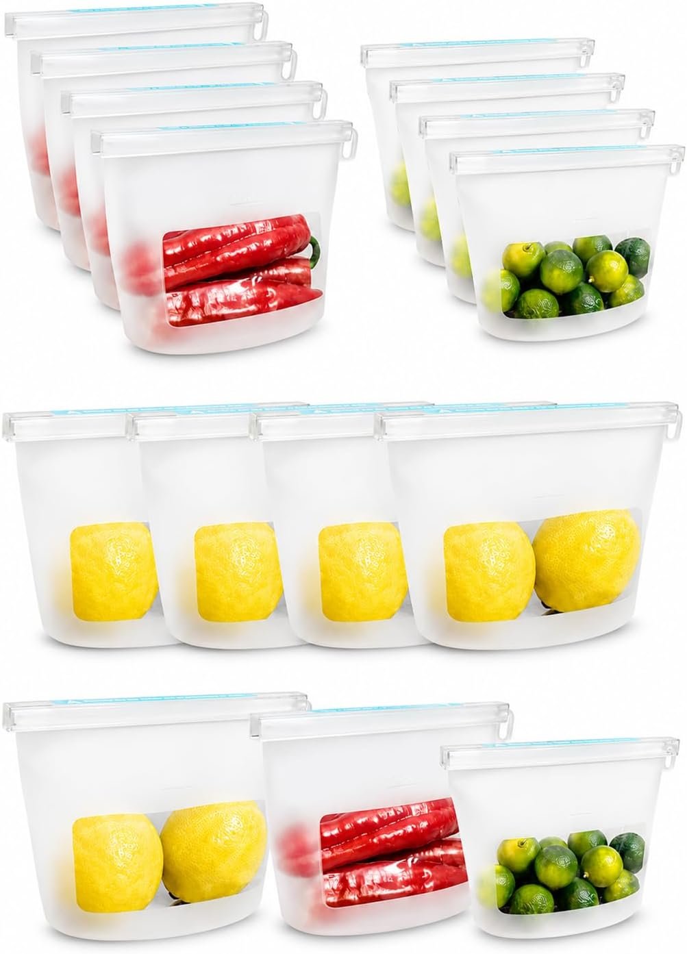 Reusable Platinum Silicone Food Storage Bags, 12 Pack Leakproof Set, Clear
