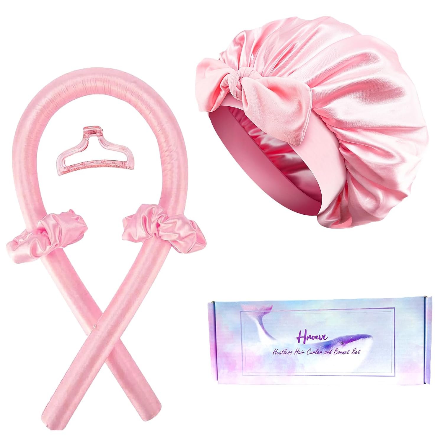 No Heat Overnight Curls with Double Layer Satin Bonnet – Soft Hair Curlers to Sleep In, heatless Curling Rods Set + Silk Bonnet for Women & Girls Long Hair, Heatless Waves & Volume (Pink)