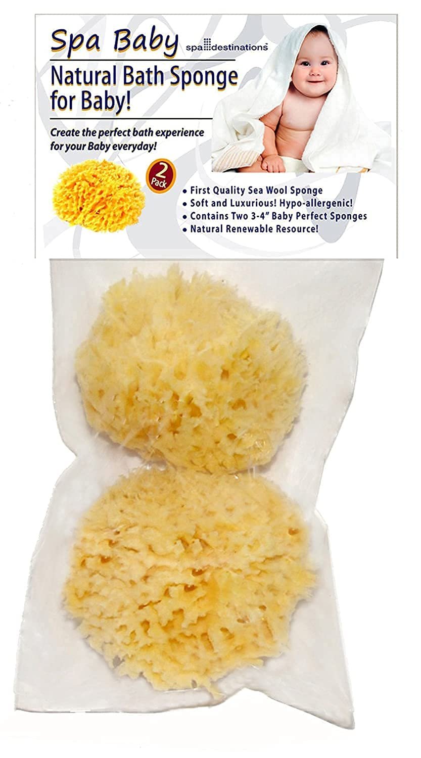 Spa Baby Natural Bath Sponge Spa Destinations. Ultra Soft Premium Sea Wool Sponge, Biodegradable, Bath Accessories Baby and Kids, Infant Bath. Two (2) Pack 3-4 inch for Moms