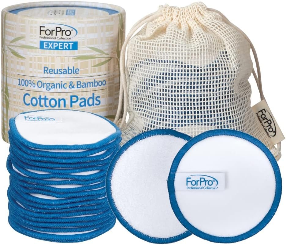 ForPro Professional Collection Expert Reusable Cotton Rounds (20 Pack), 100% Organic and Bamboo Makeup Remover Pads, Includes Drawstring Laundry Bag and Storage Container
