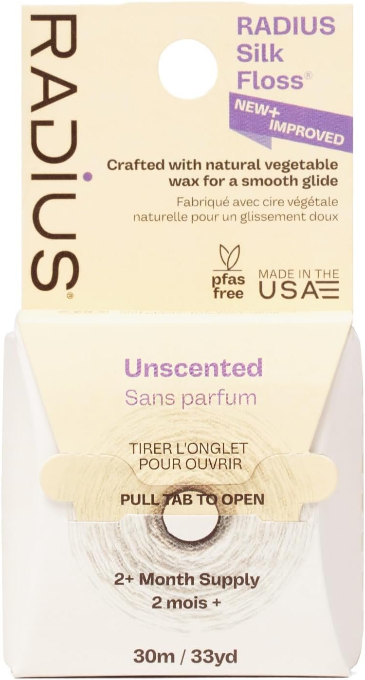 RADIUS Silk Dental Floss, Natural Biodegradable Floss for Sensitive Gums, PFAS Free, Compostable, Unscented, 30m / 33yd, Pack of 1