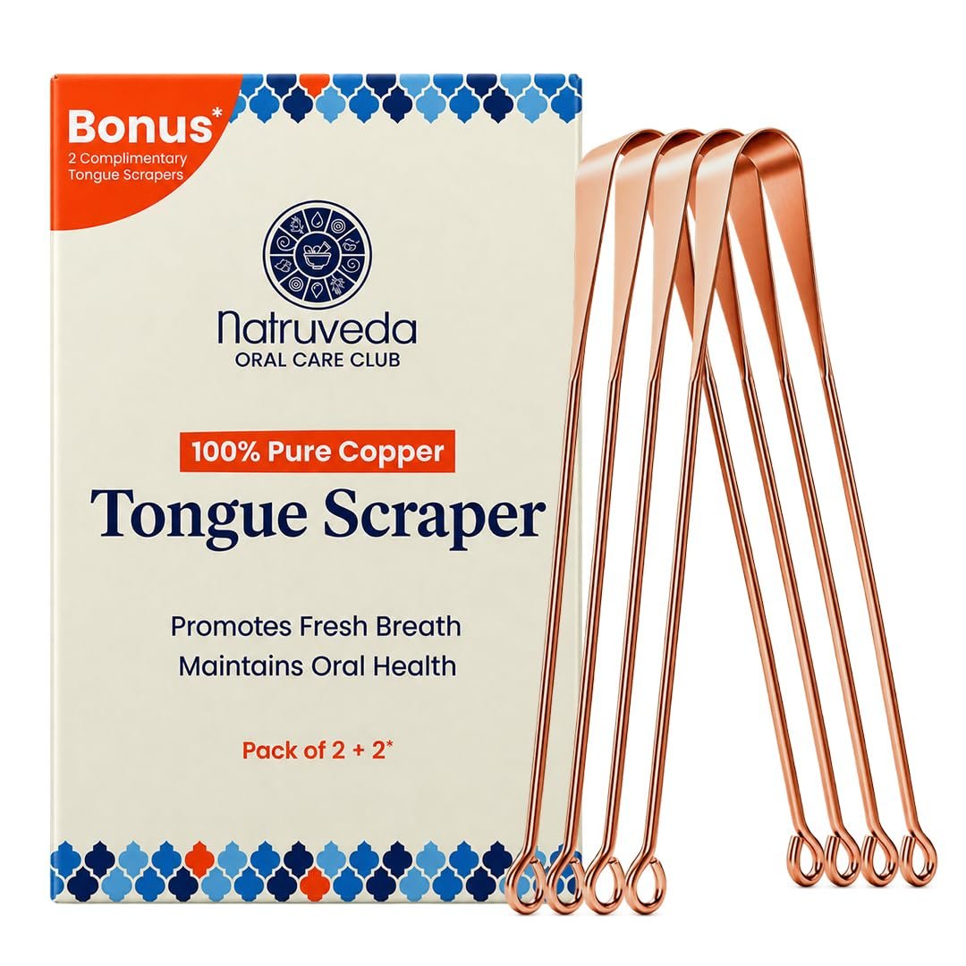 Natruveda Pure Copper Tongue Scraper for Adults and Kids – 4 Pack Premium Ayurvedic Metal Tongue Cleaner Set, Fresh Breath Hygiene Support, Travel-Friendly, USA-Based Seller