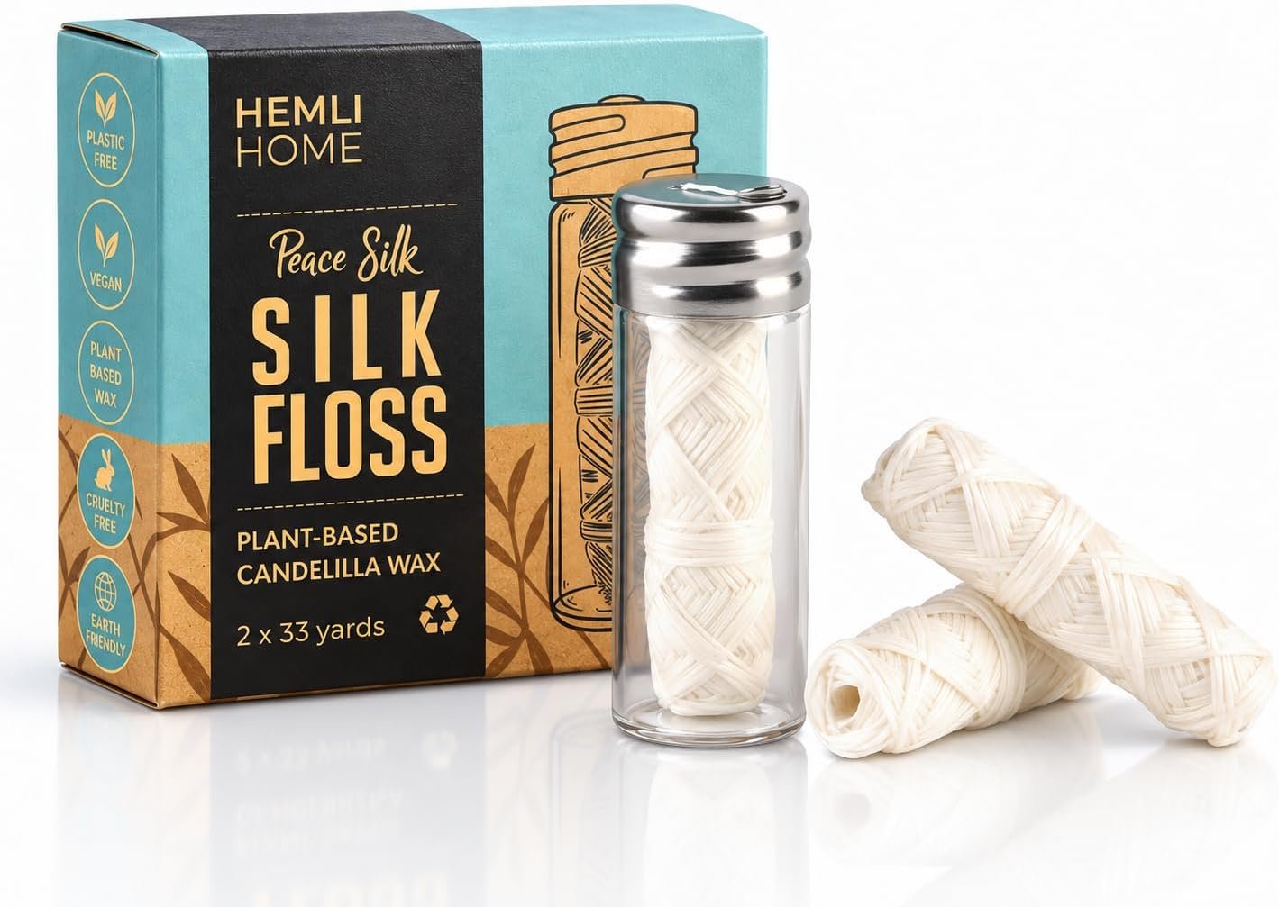 Biodegradable Silk Dental Floss with Refillable Glass Container, Compostable 3-Pack, Natural Silk Spool Eco-Friendly Zero Waste Oral Care, Mint Flavored