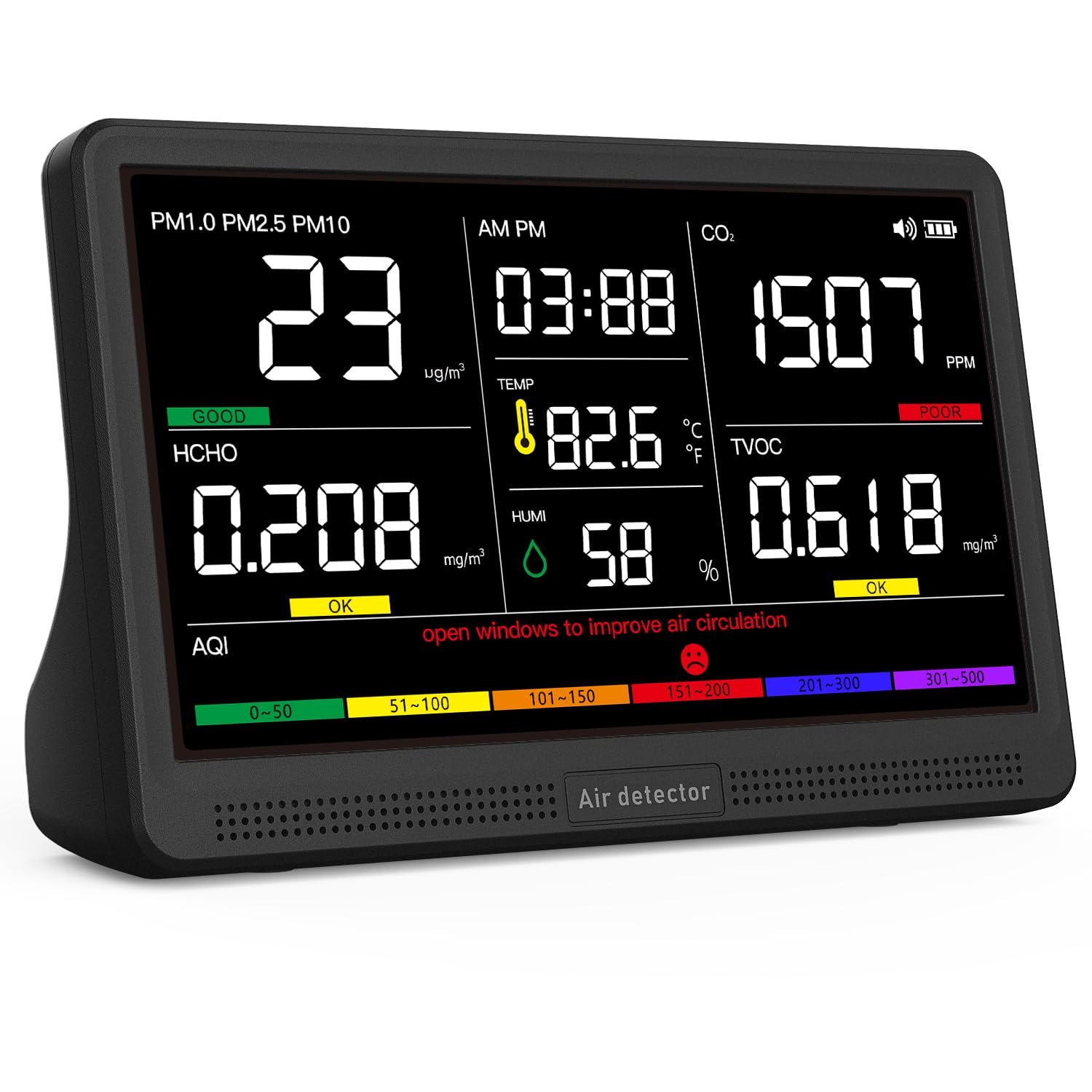 16 in 1 Air Quality Monitor Indoor 7″ Wildfire CO2 Monitor, 9 AQI+7 Alerts