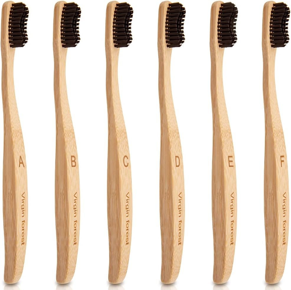 Virgin Forest Bamboo Toothbrushes 6pk, Charcoal Bristles BPA Free Eco