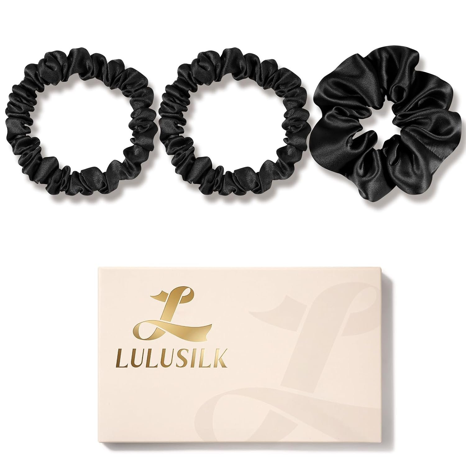 LULUSILK 100% Mulberry Silk Scrunchies for Women, Black Set for Hair Sleep