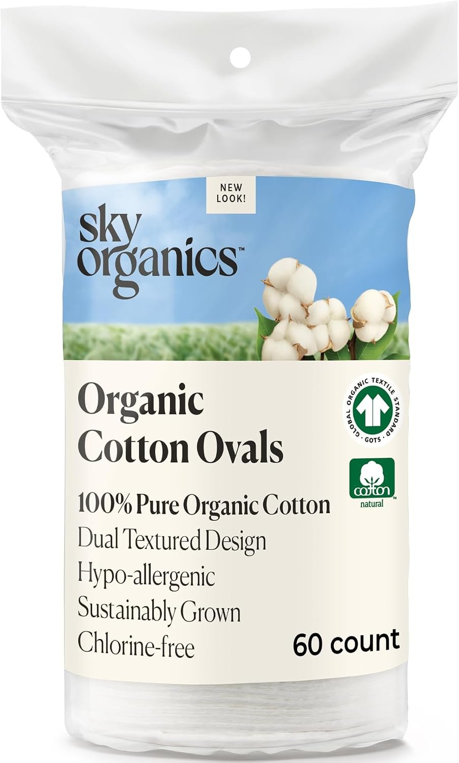 Sky Organics Organic Cotton Dual-Textured Large Pads, Chlorine-Free, 60ct