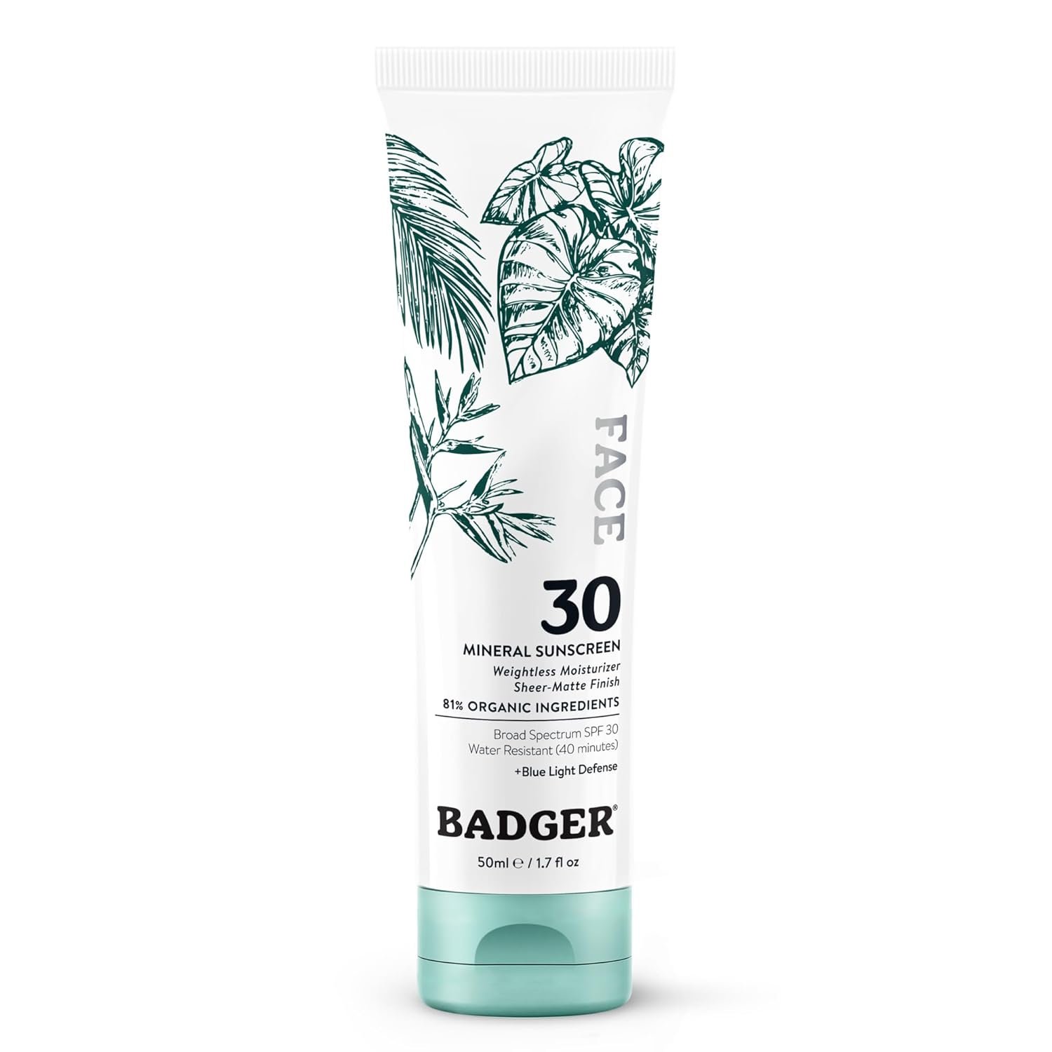 Badger Zinc Oxide Face Sunscreen SPF 30, Organic, No White Cast, 1.7 fl oz