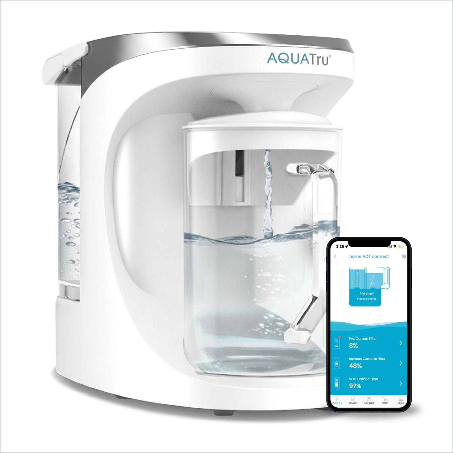 AquaTru Glass Carafe Smart Countertop Reverse Osmosis Water Purifier | WiFi Connected RO System | Removes 84 Contaminants Including PFOA + PFOS (PFAS), Lead and Microplastics | No Plumbing Required