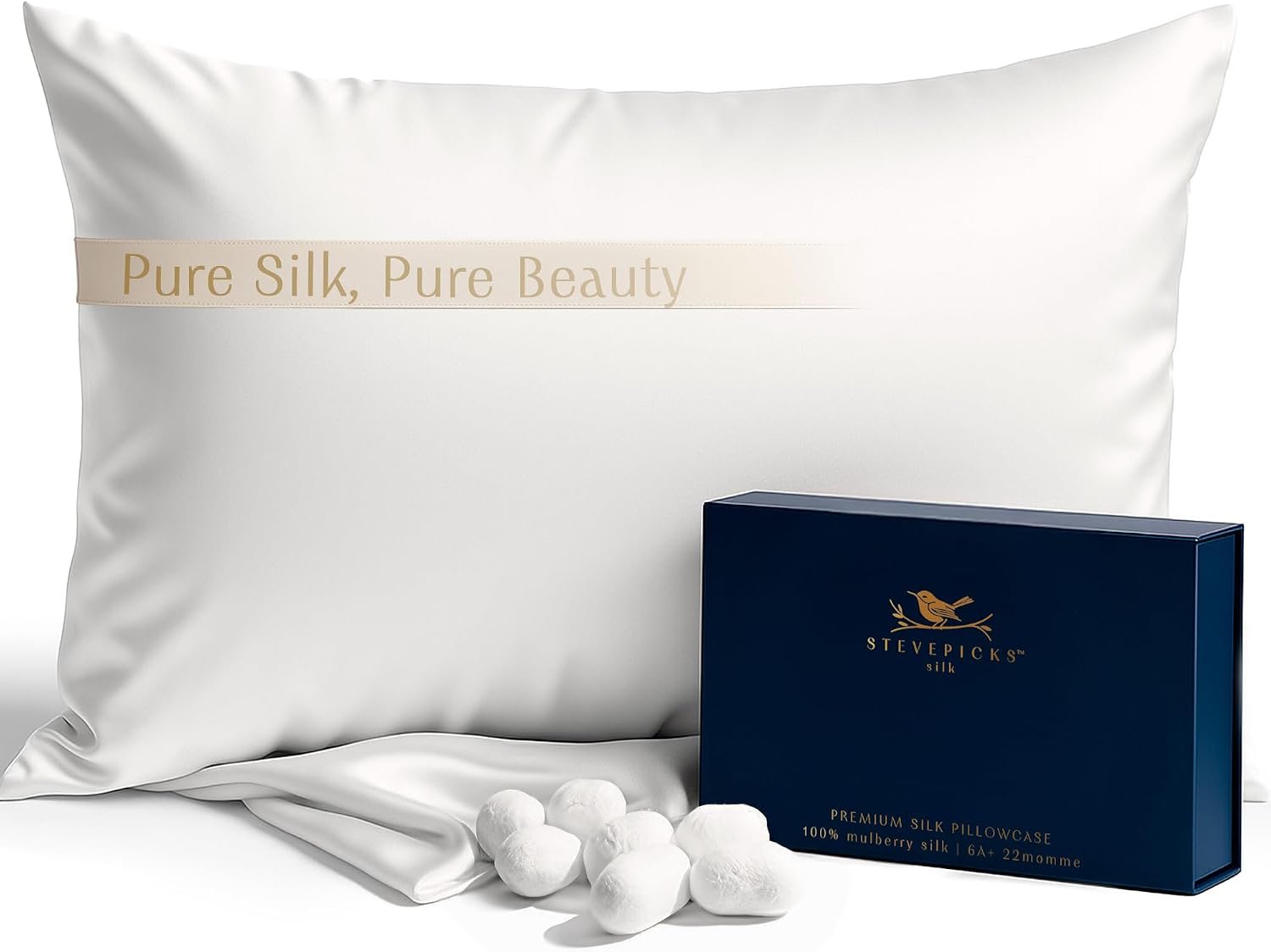 100% Pure Mulberry Silk Pillow cases, 22 Momme 6A High-Grade Fibers (1pc White, Standard 20×26 in), Silk Pillowcase, for Hair & Skin Care, Soft, Silk Pillowcases, Soft Cooling Bedding for Better Sleep
