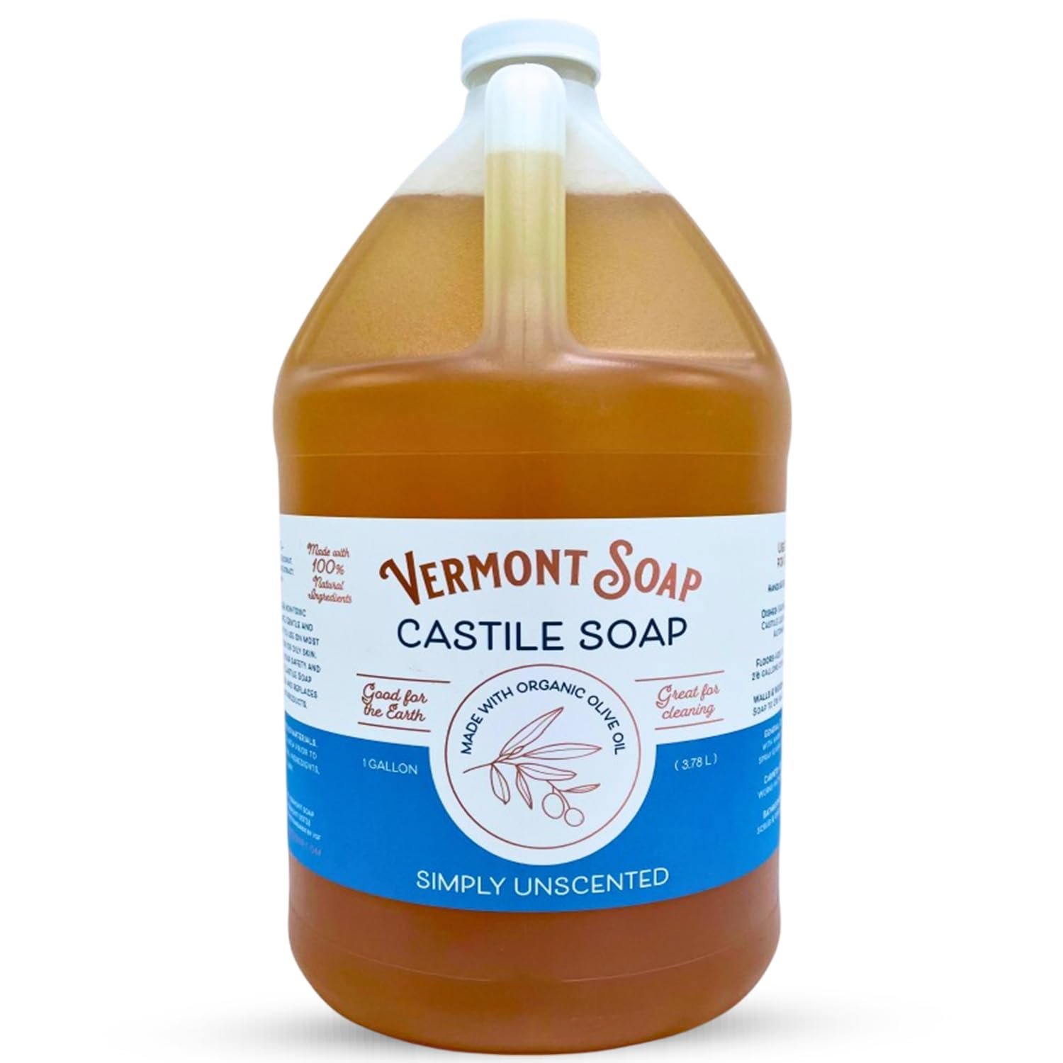VERMONT SOAP Castile Soap Unscented, Liquid Soap, Natural Body Wash, 1 GAL