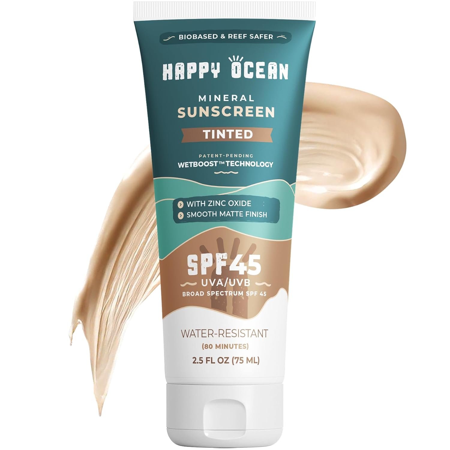 Happy Ocean Tinted Mineral Sunscreen SPF 45 Reef Safe Face Sunscreen 2.5 oz