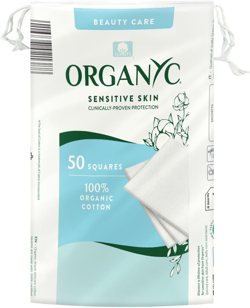 Organyc 100% Certified Organic Cotton Squares, 50 Count, Clinically-Proven for Sensitive Skin, Cotton Pads for Face Cleansing, Toner and Makeup Removal