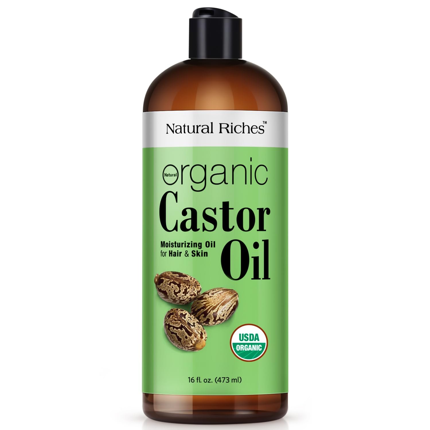 Natural Riches USDA Organic Castor Oil – Cold Pressed, for Dry Skin, Hair Loss, Dandruff, Hair Growth, and Thicker Eyelashes & Eyebrows – 16 fl. oz.