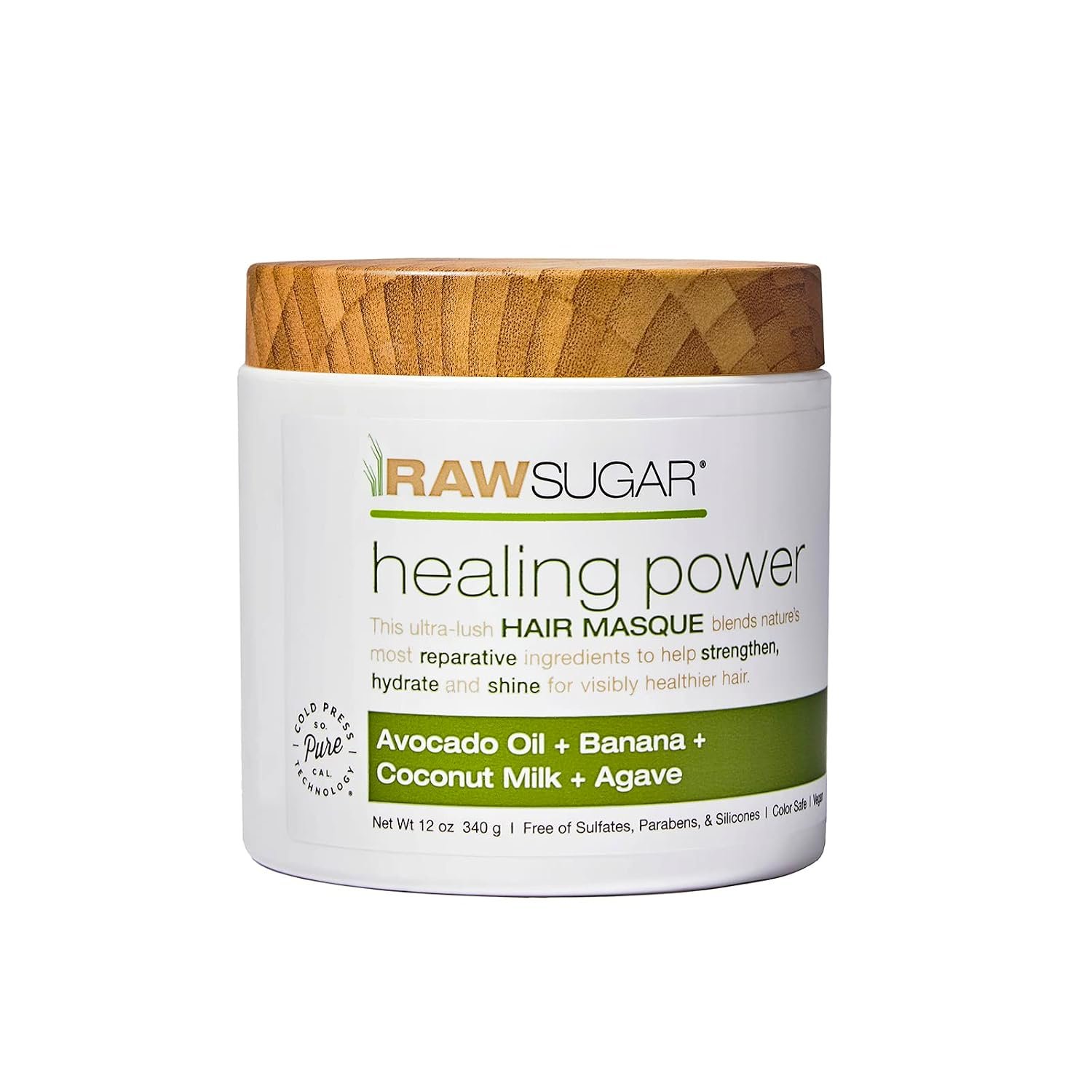 RAW SUGAR Healing Power Hair Masque | Avocado Oil + Banana + Coconut Milk + Agave | 12 oz