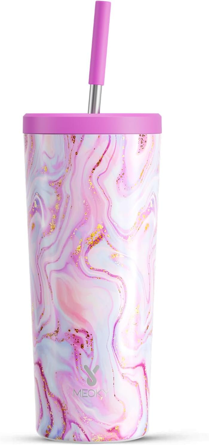 Meoky 24 oz Insulated Tumbler with Lid and Straw, Stainless Steel Vacuum Insulated Tumbler, Keeps Cold for 24 Hours, 100% Leak Proof, Fits in Car Cup Holder (Pearl)