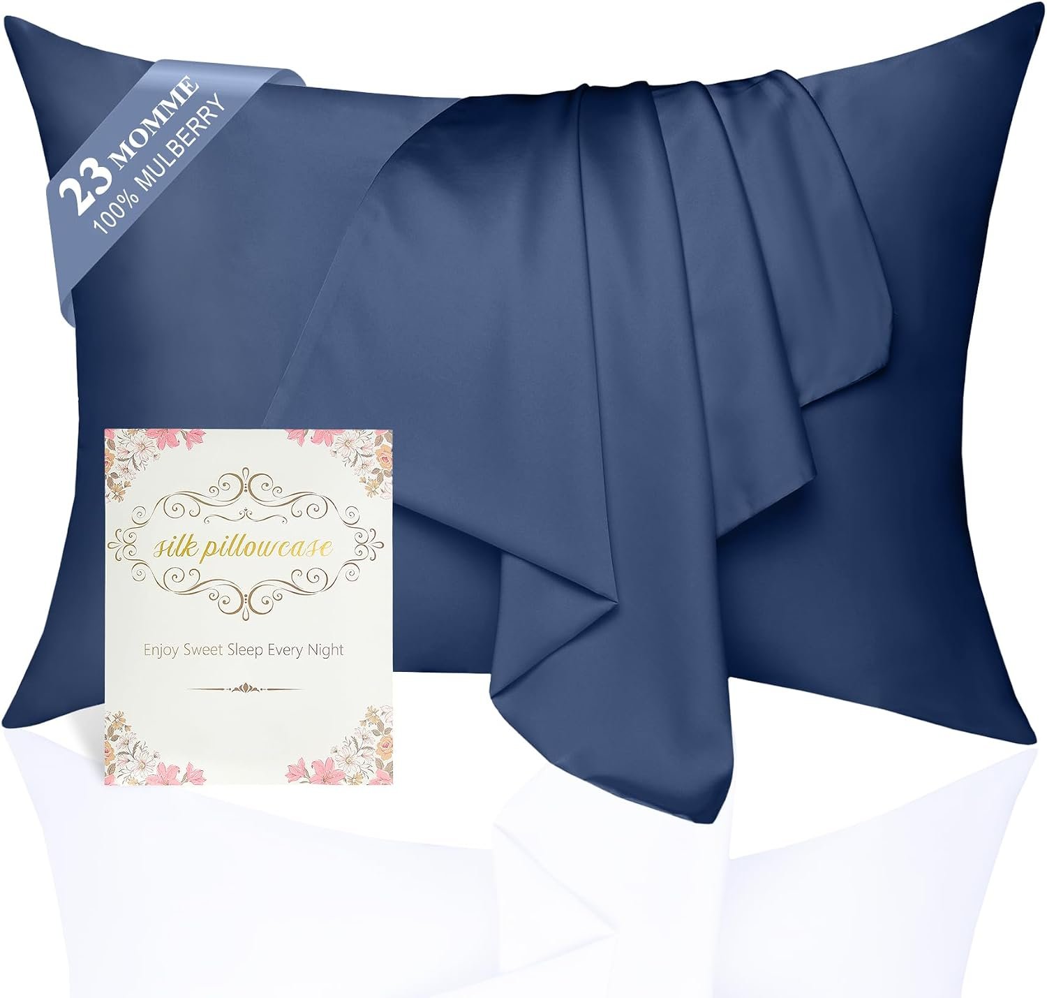 100% Mulberry Silk Pillowcase 2 Pack for Hair and Skin,Standard Size 6A Grade 23 Momme Pure Natural Silk Pillow Case,Soft Silk Pillow Cases with Hidden Zipper (Navy Blue, Standard(20”×26”))