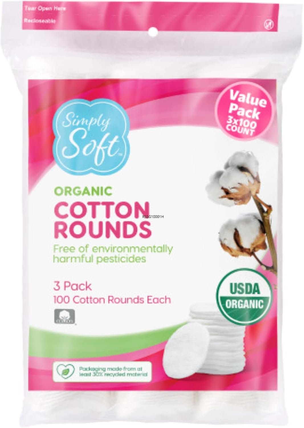 Simply Soft Premium Organic Cotton Rounds, 100 Count (Pack of 3), 100% Cotton Pads, Certified Organic, Hypoallergenic, Soft & Absorbent for Beauty, Cosmetics, Skin Care, Lint Free