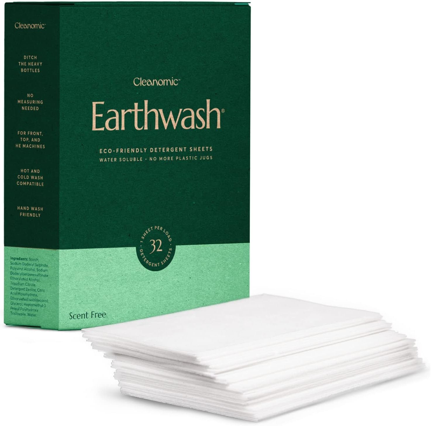 earthwash Laundry Sheets, Scent-Free (32 Loads), The Perfect Plastic Free Detergent Strips, Ideal for TravelHome Use. Biodegradable-Easy Dissolve, True Eco-Wash