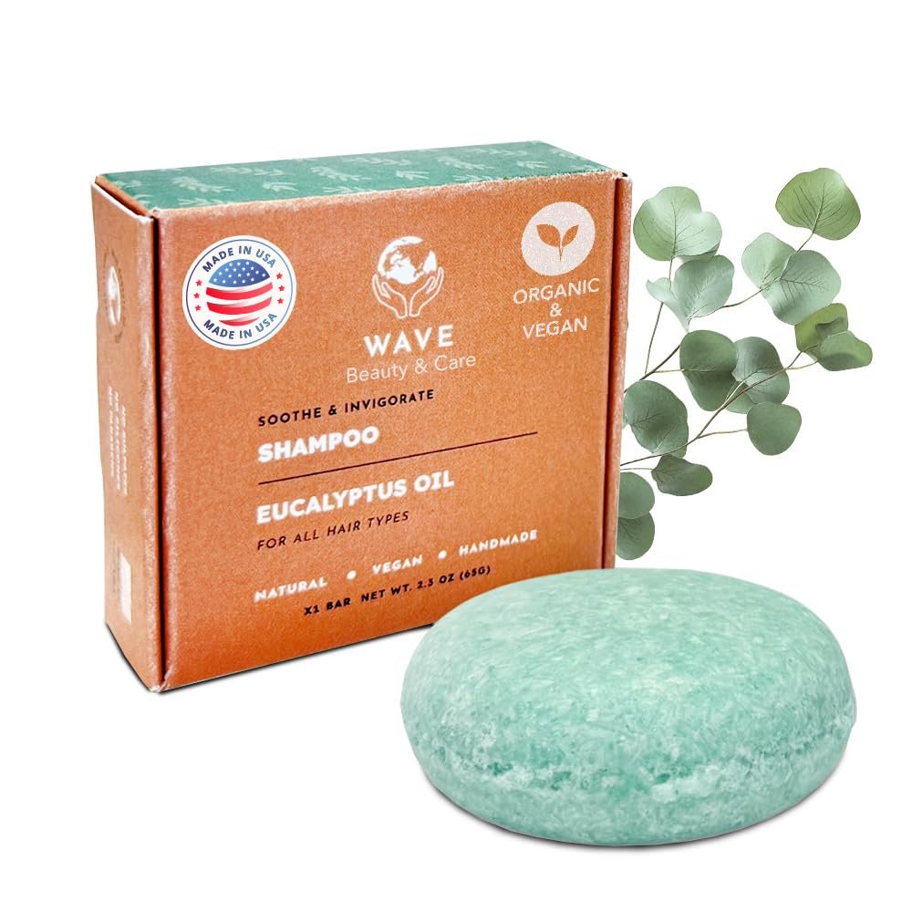 Wave Eucalyptus Oil Shampoo Bar – Moisturizing & Handmade Vegan Bar for Shiny Hair, Natural, Organic & Non-GMO Shampoo for Women & Men, 2.3 oz, Long-Lasting (80-120 Uses)