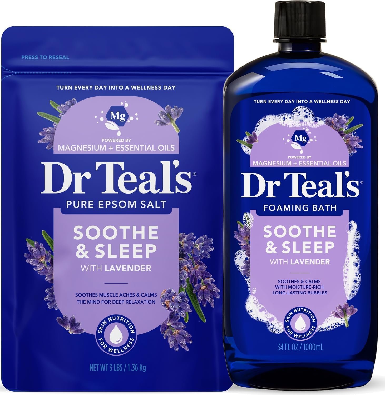 Dr. Teal’s Epsom Salt Soaking Solution and Foaming Bath with Pure Epsom Salt Combo Pack, Lavender