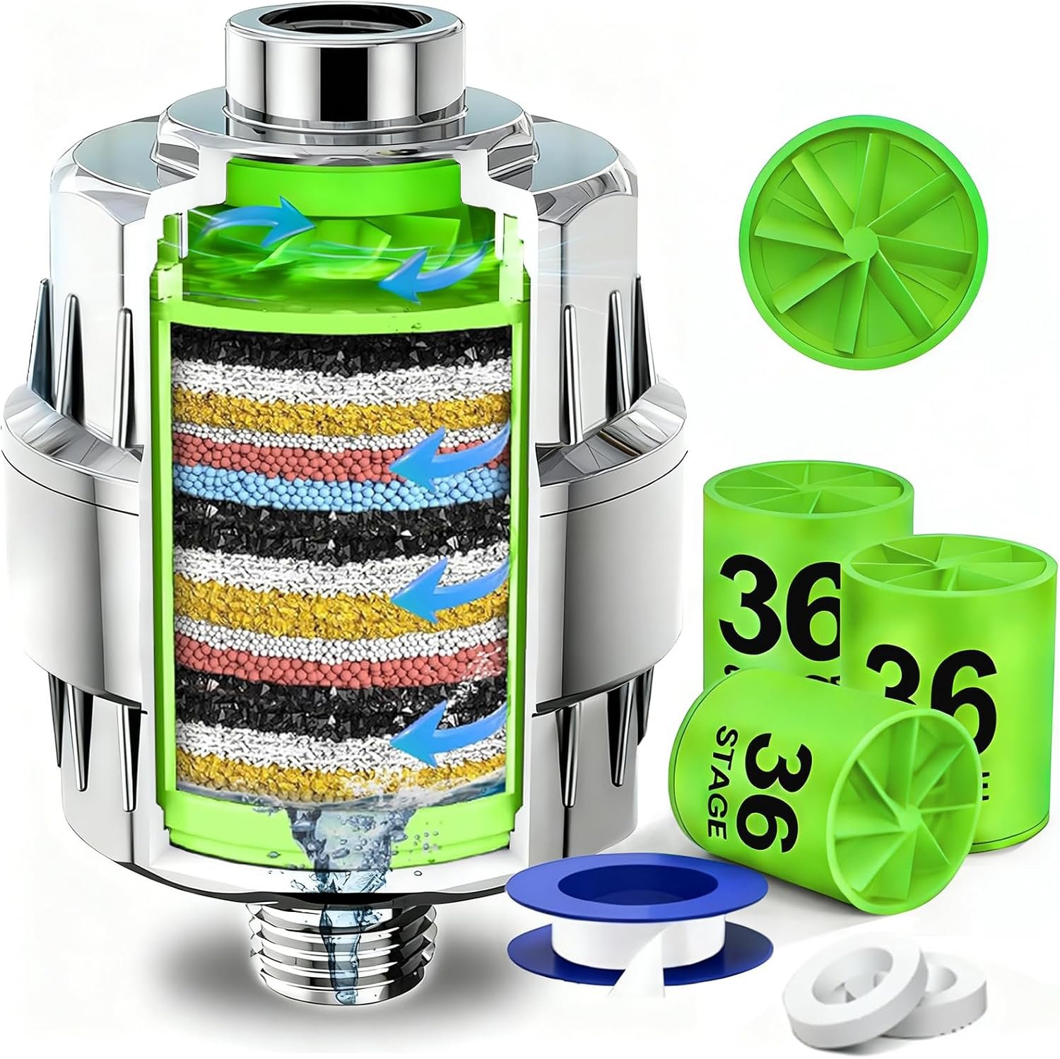 36-Stage Shower Head Filter for Hard Water – 3 Replaceable Cartridges