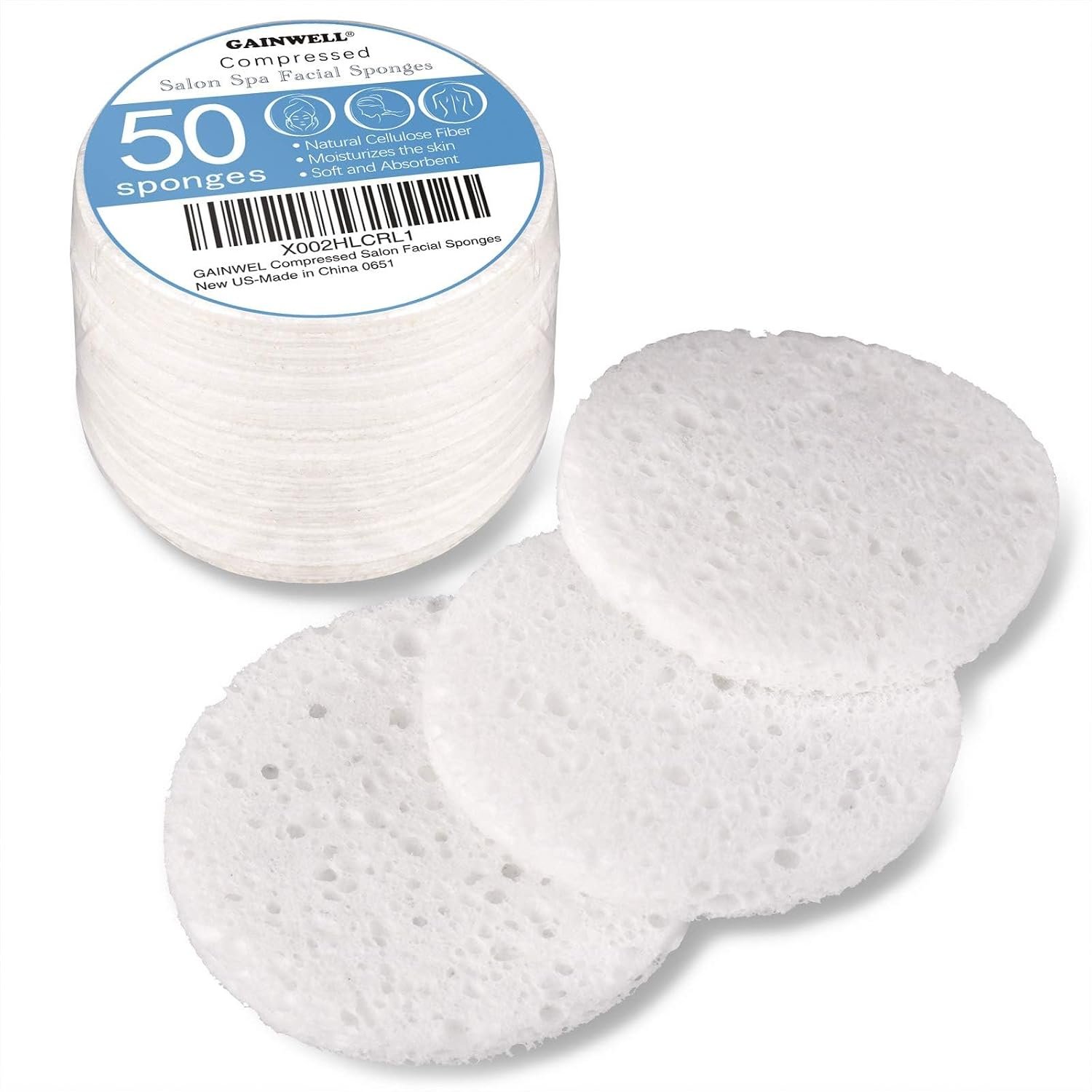 GAINWELL 50-Count Compressed Facial Sponges, White Cellulose 100% Natural Cosmetic Spa Sponges for Facial Cleansing, Exfoliating Mask, Makeup Removal